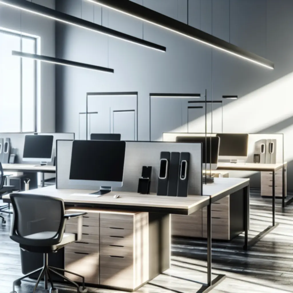 Modern, letisztult irodai munkaállomás inspiráció ergonomikus bútorokkal és rendezett asztallal.