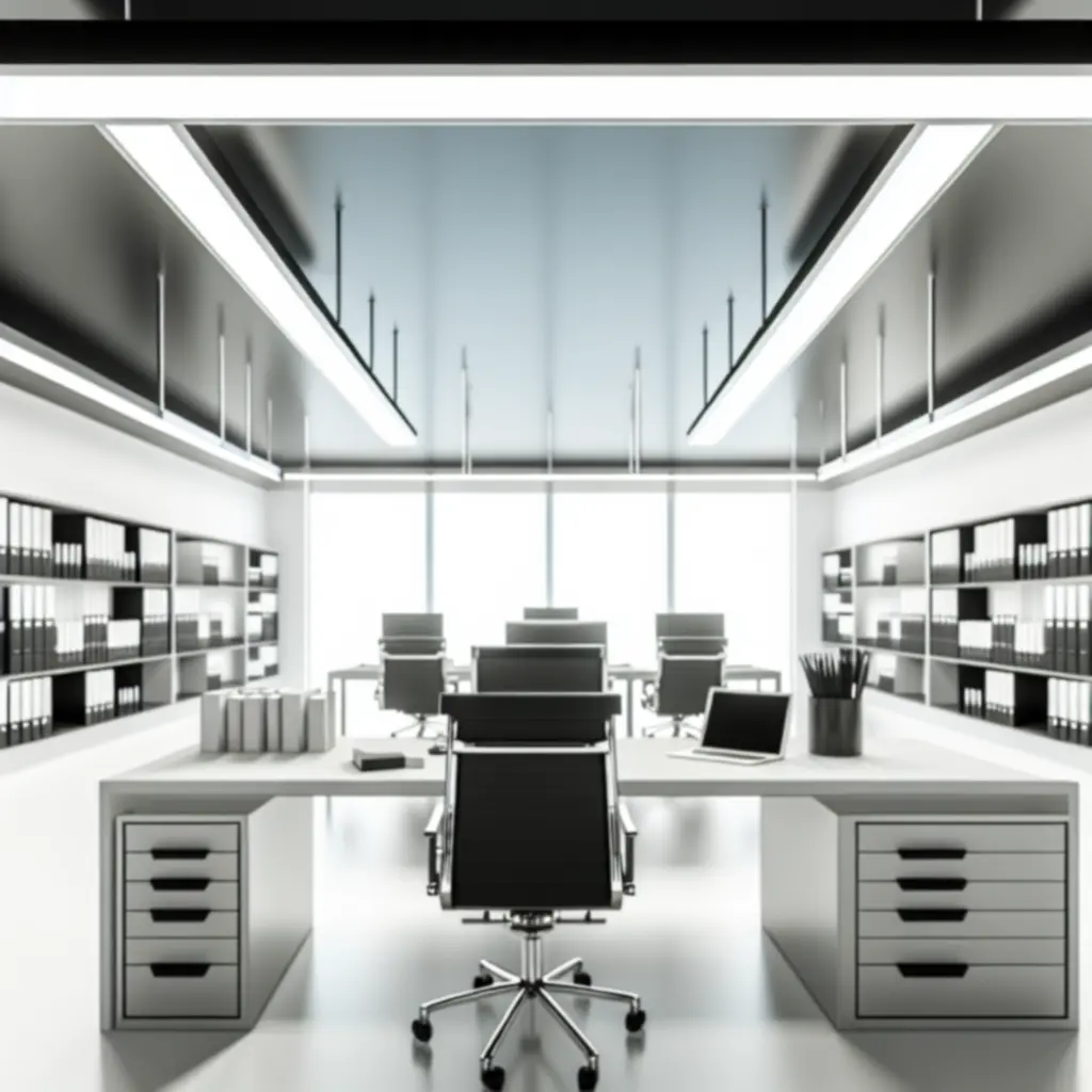 Modern, prémium OfficeElite munkaállomás rendezett íróasztallal.