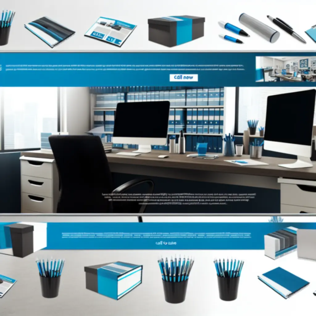 Promóciós banner modern irodai környezetben, kedvezményes ajánlatokat jelölő grafikus elemekkel